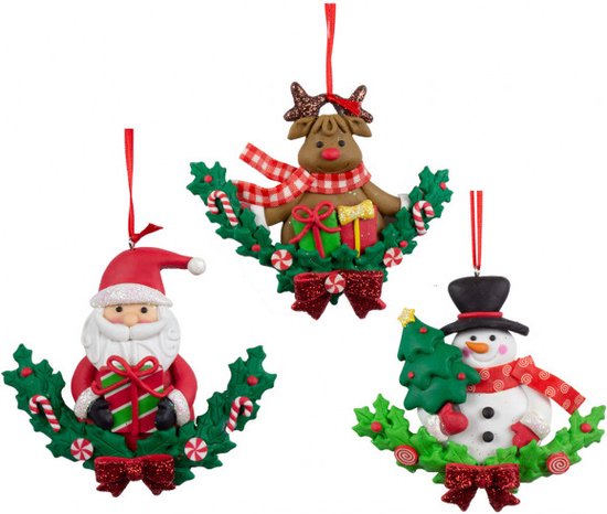 Christmas Paradise - Kerstboom decoratie - Set van 3 - Kerst Ornament - Kerstman Sneeuwpop en Rendier - 11 cm - Kerstboom Versiering - Kersthangers - Kerstbal