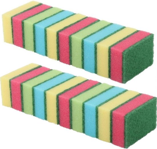 Twee rijen van rechthoekige schuursponsjes met afwisselend gele, roze, lichtblauwe, groene en rode lagen, met een groen schuurgedeelte aan één kant.