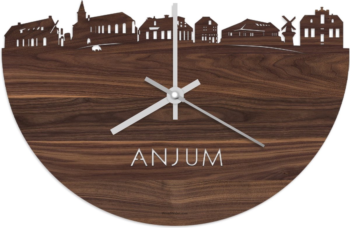 Skyline Klok Anjum Notenhout - Ø 40 cm - Stil uurwerk - Wanddecoratie - Meer steden beschikbaar - Woonkamer idee - Woondecoratie - City Art - Steden kunst - Cadeau voor hem - Cadeau voor haar - Jubileum - Trouwerij - Housewarming - WoodWideCities