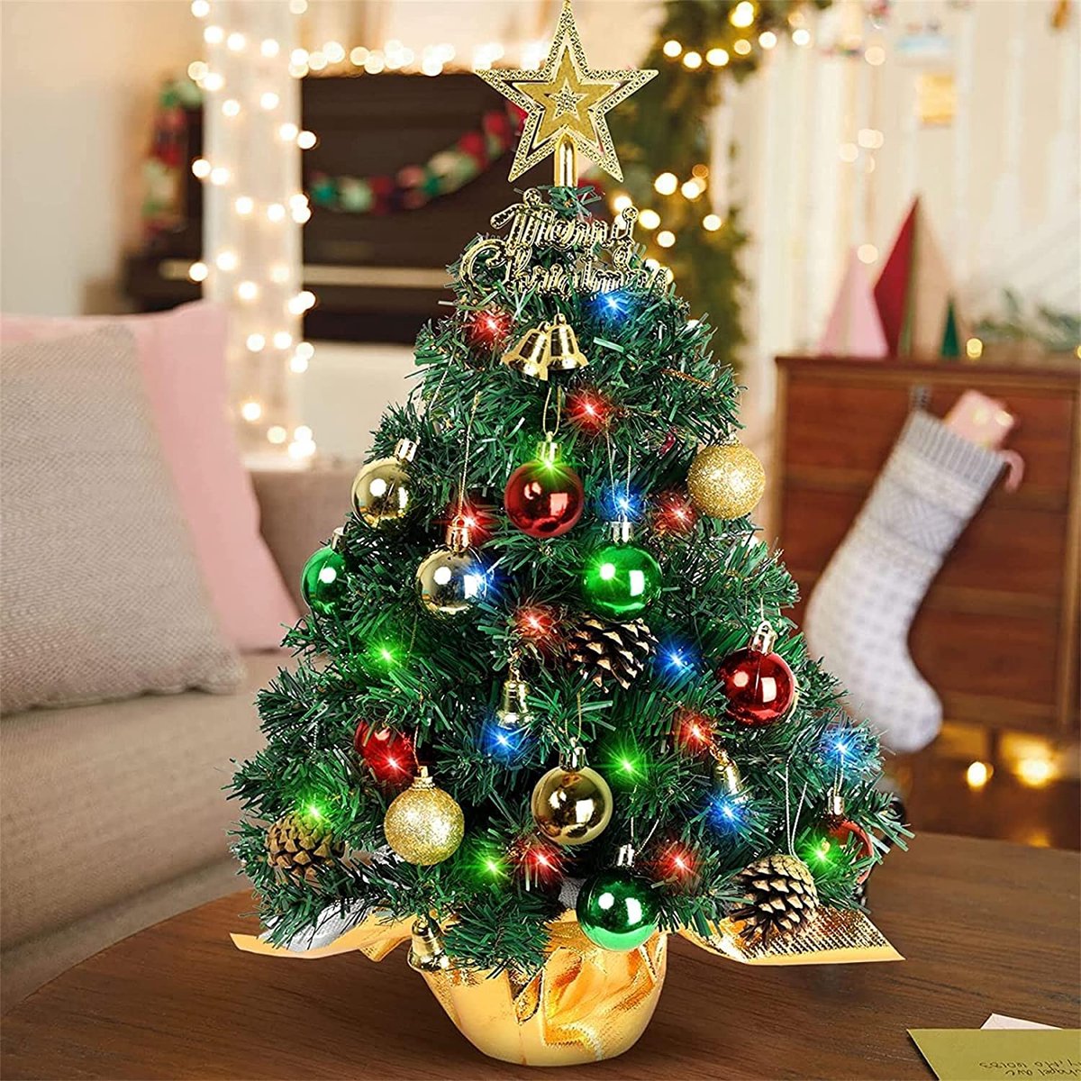 LICHENGTAI Kunstkerstboom, 45 cm, roze, kleine kerstboom, tafel, dennenboom met kerstballen, led-lichtsnoer, mini-kerstkunstboom, kerstdecoratie voor thuis, kantoor, winkels LICHENGTAI Kunstkerstboom, 45 cm, roze, kleine kerstboom, tafel, dennenboom met kerstballen, led-lichtsnoer, mini-kerstkunstboom, kerstdecoratie voor thuis, kantoor, winkels