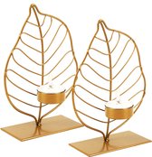 Masey® Waxinelichthouder / Theelichthouder - set van 2 | Goud | Kerst Winter Decoratie Blad | Metaal | Herfst sfeer