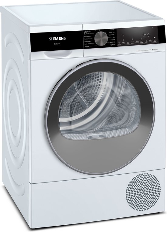Witte Siemens wasdroger met een zwarte cirkel rond de glazen deur. Het display toont programma's.