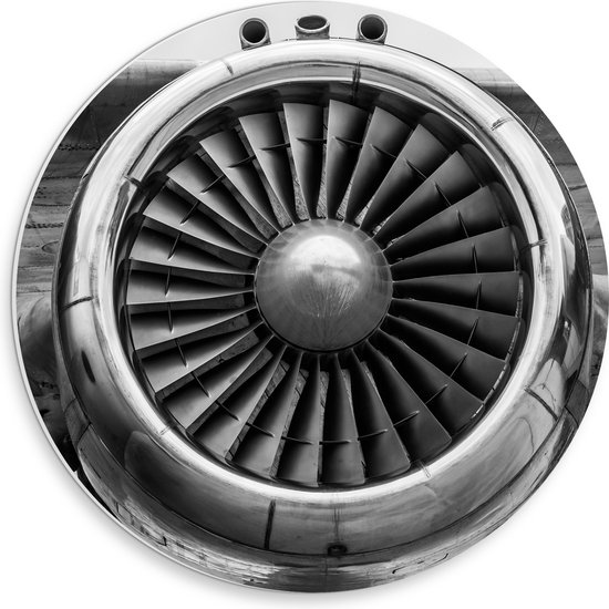 WallClassics - PVC Schuimplaat Muurcirkel - Close up van Grote Vliegtuigmotor (zwart/wit) - 30x30 cm Foto op Muurcirkel (met ophangsysteem)
