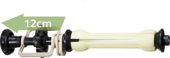 Een gele achtergrondrolhouder met zwarte onderdelen en een pijl die 12 cm aangeeft.
