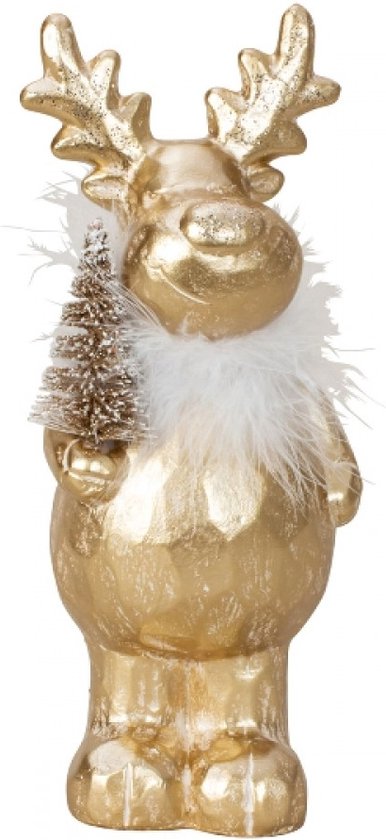 Moderne eland goud met witte veren boa & dennenboom - Moderne eland goud met witte veren boa & kerstboom, hoogte: 23cm