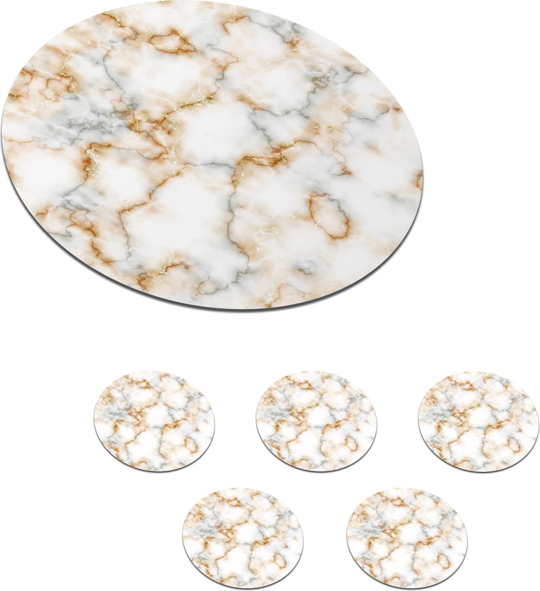 Onderzetters voor glazen - Rond - Marmer - Wit - Grijs - Goud - 10x10 cm - Glasonderzetters - 6 stuks