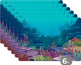 Placemat - Placemats kunststof - Zee - Koraal - Onderwaterwereld - Illustratie - 45x30 cm - 6 stuks - Hittebestendig - Anti-Slip - Onderlegger - Afneembaar