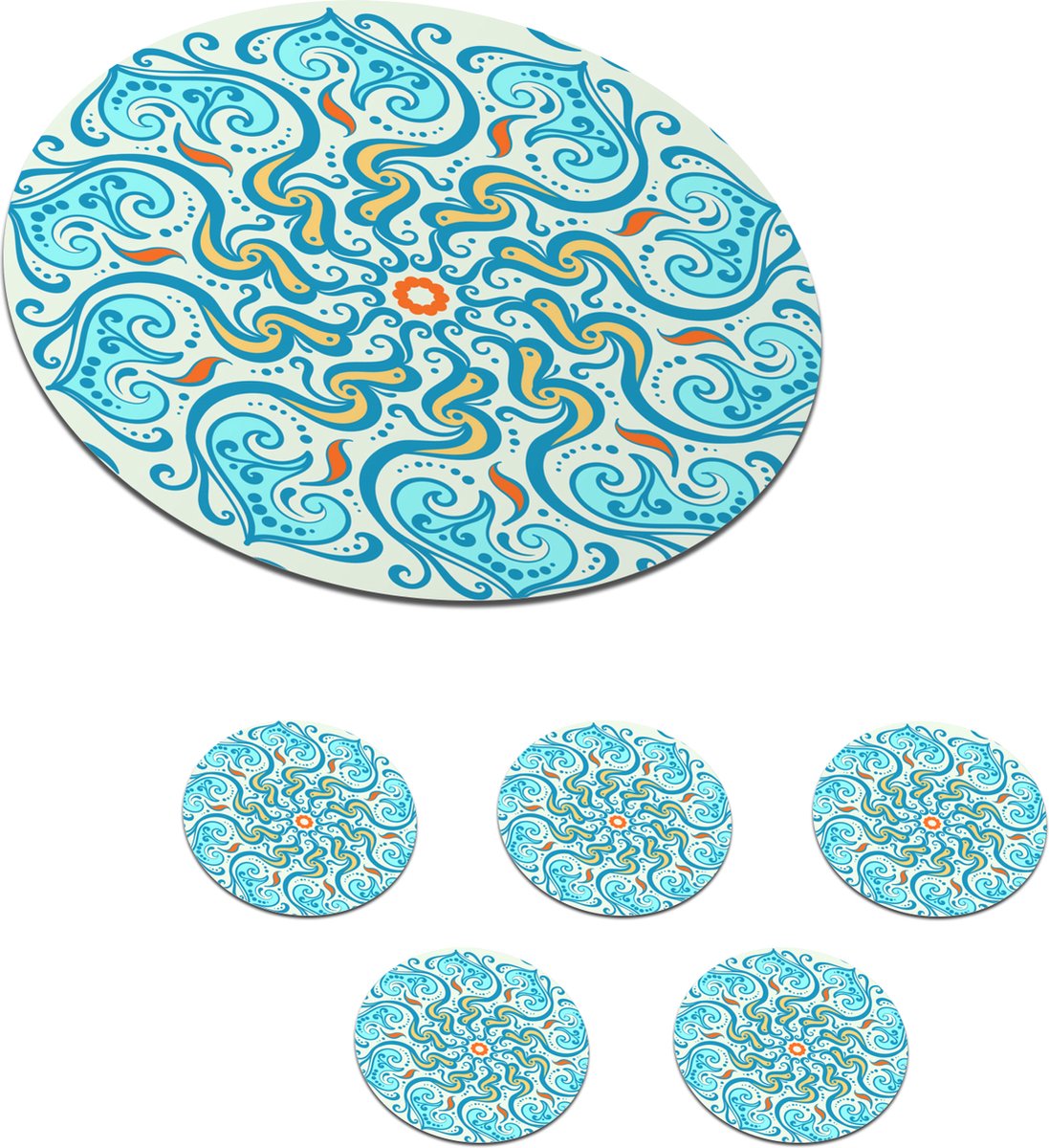 Onderzetters voor glazen - Rond - Mandala - Blauw - Geel - Abstract - 10x10 cm - Glasonderzetters - 6 stuks