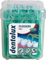 Dentalux 3-in-1 Flosser | Flosdraad Sticks + Tandenstoker +Tongschraper  | Mint Smaak | 64 Stuks In Opbergdoosje + Reiszakje