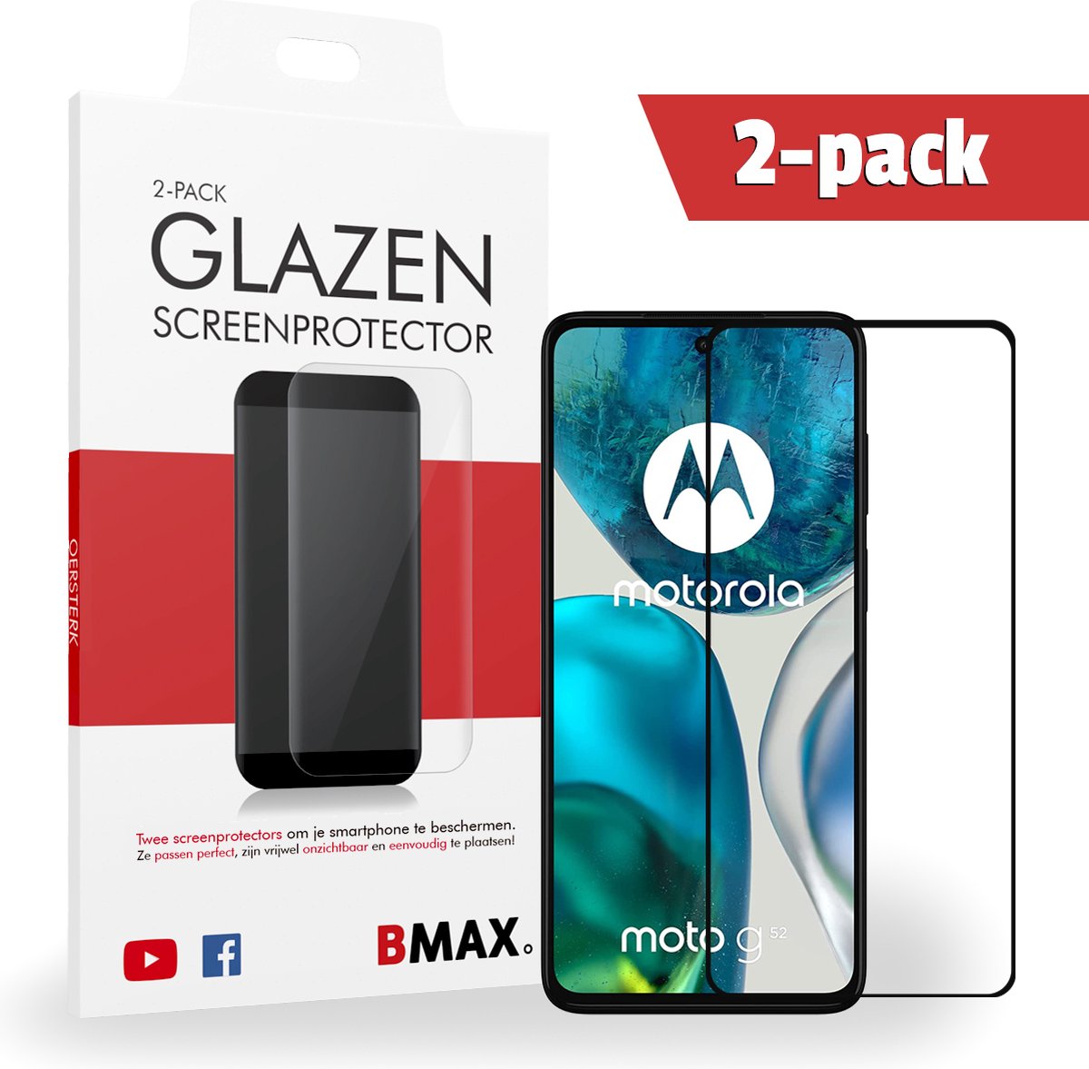 2-pack BMAX Motorola Moto G52 Screenprotector - Full Cover - Gehard glas - Tempered glas - Motorola screenprotectors 2 stuks - Telefoonglaasje - Beschermglas - Glasplaatje - Screensaver - Screen protector - Case friendly - Zwart