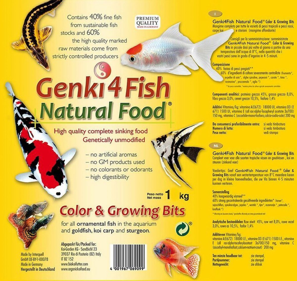 Vis Voer | Genki4Fish | 1 kg br / Genki4Fish Koi en Tropische Vissen Voer. Genki4Fish Natural Food Color & Growing Bits compleet voer voor alle Koi en tropische vissen van verschillende maten en leeftijden.