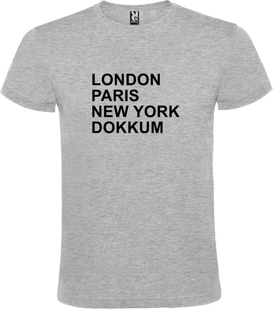 Grijs T-shirt 'LONDON, PARIS, NEW YORK, DOKKUM' Zwart Maat XS