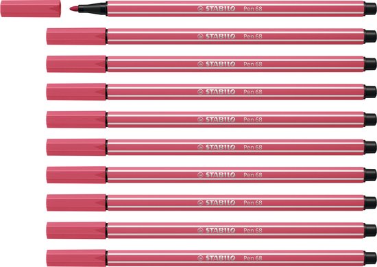Tien STABILO Pen 68 viltstiften in aardbeienrood, met twee witte strepen, naast elkaar.