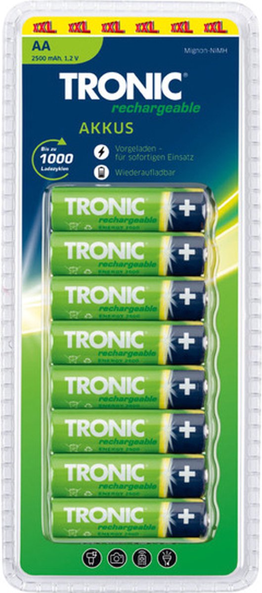 Tronic AA rechargeable batteries 2500mAh, 1.2V - XXL 8 pack - up to 1000 charges - precharged - ready to use