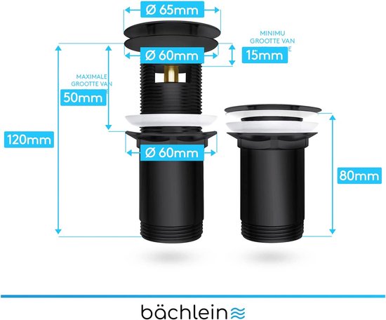 Bächlein universele afvoerset met overloop - [matzwart] pop-up ventiel - messing afvoerventiel - montage met handleiding - Bächlein