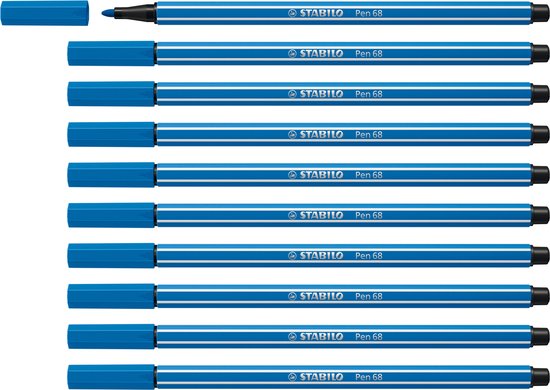 Tien Stabilo Pen 68 viltstiften in ultramarijn blauw met witte strepen, met dopjes.