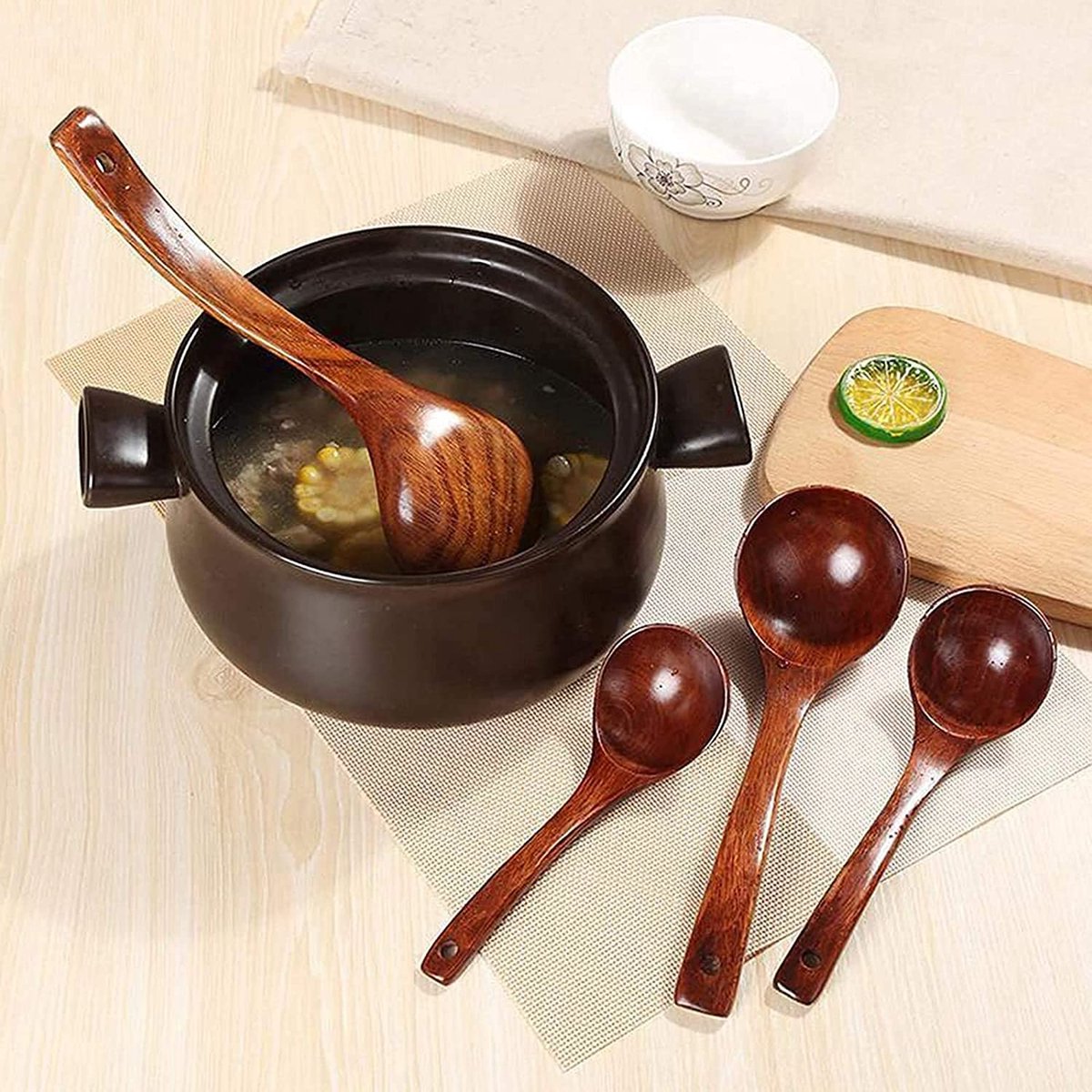 Vastsea 2 stuks Natuurlijke Hout Soep Lepel, Soeplepel Pollepel met Lange Greep Kookgerei, Lange Handvat Pollepel Gebruiksvoorwerpen voor Soep, van Toepassing op voor Het Mengen, Pasta(Bruin
