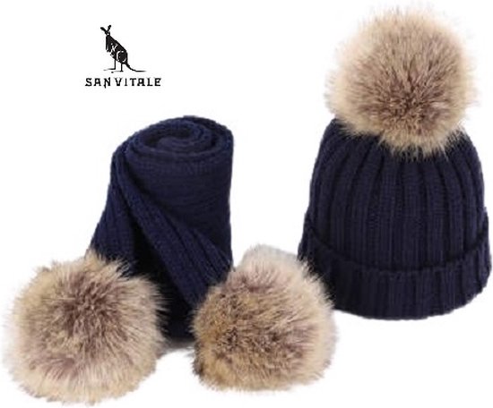 San Vitale® - Kindermuts en Sjaal - Winter set - Wintermuts - Pompom - Donker Blauw