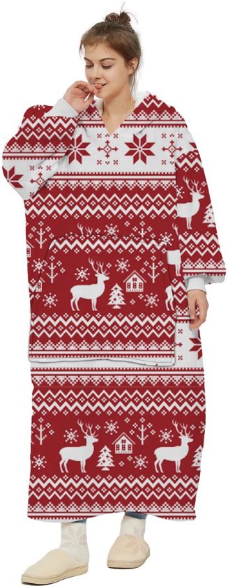Kerst Hoodie Deken Extra LANG – Hoge Kwaliteit Sherpa Fleece – West - 120 cm – Vrouwen Rood