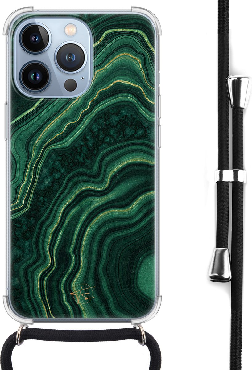 iPhone 13 Pro hoesje met koord - Agate groen - Siliconen case met print - Shock proof - Extra Bescherming - Inclusief zwart koord - Crossbody - Back Cover - Transparant, Groen