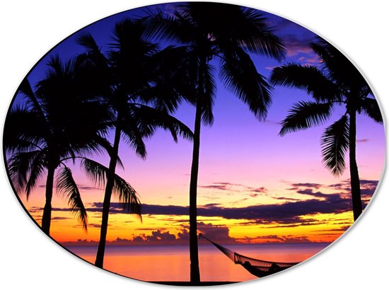 WallClassics - Dibond Ovaal - Silhouette van Palmbomen en Hangmat - 40x30 cm Foto op Ovaal (Met Ophangsysteem)