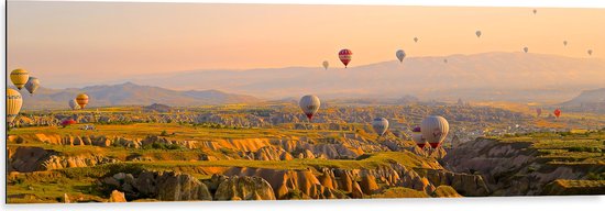 WallClassics - Dibond - Luchtballonnen boven Bergen en Heuvels - 120x40 cm Foto op Aluminium (Wanddecoratie van metaal)