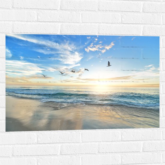 WallClassics - Muursticker - Meeuwen boven het Strand en Zee - 90x60 cm Foto op Muursticker