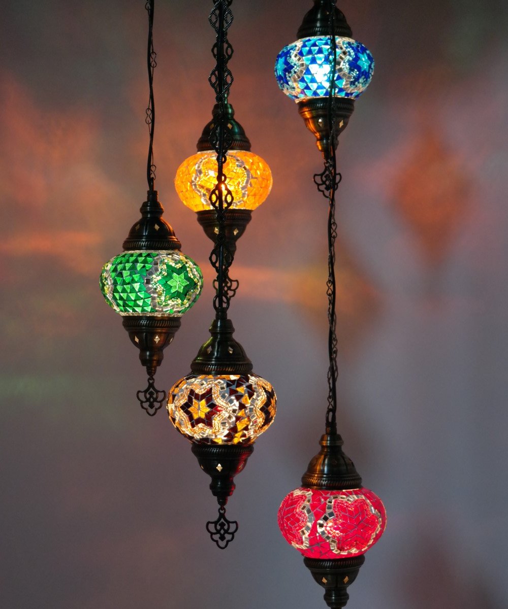 Turkse Lamp - Hanglamp - Mozaïek Lamp - Marokkaanse Lamp - Oosters Lamp - ZENIQUE - Authentiek - Handgemaakt - Kroonluchter - All colour - 5 bollen
