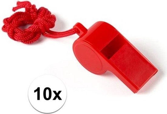 Fluitjes van kunststof - Multipack van 10x stuks - rood - aan koordje - herrie maken - sport