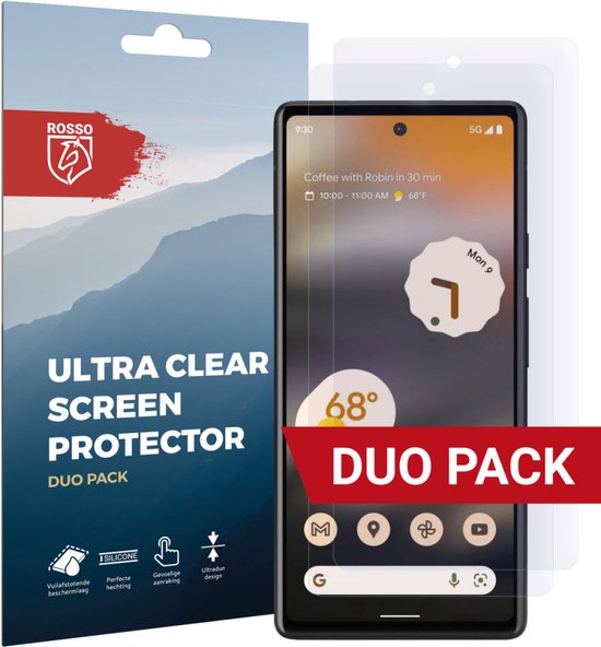 Verpakking en een Google Pixel 6a met een ultracleare screenprotector, met rode "DUO PACK" band.