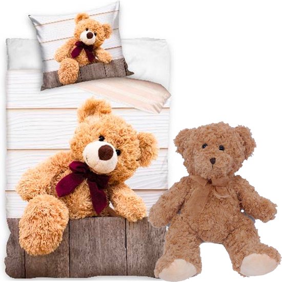 Dekbedovertrek  Teddybeer- 140 X 200 Cm - Katoen - dekbed- incl. Pluche Beer bruin- 40 cm.