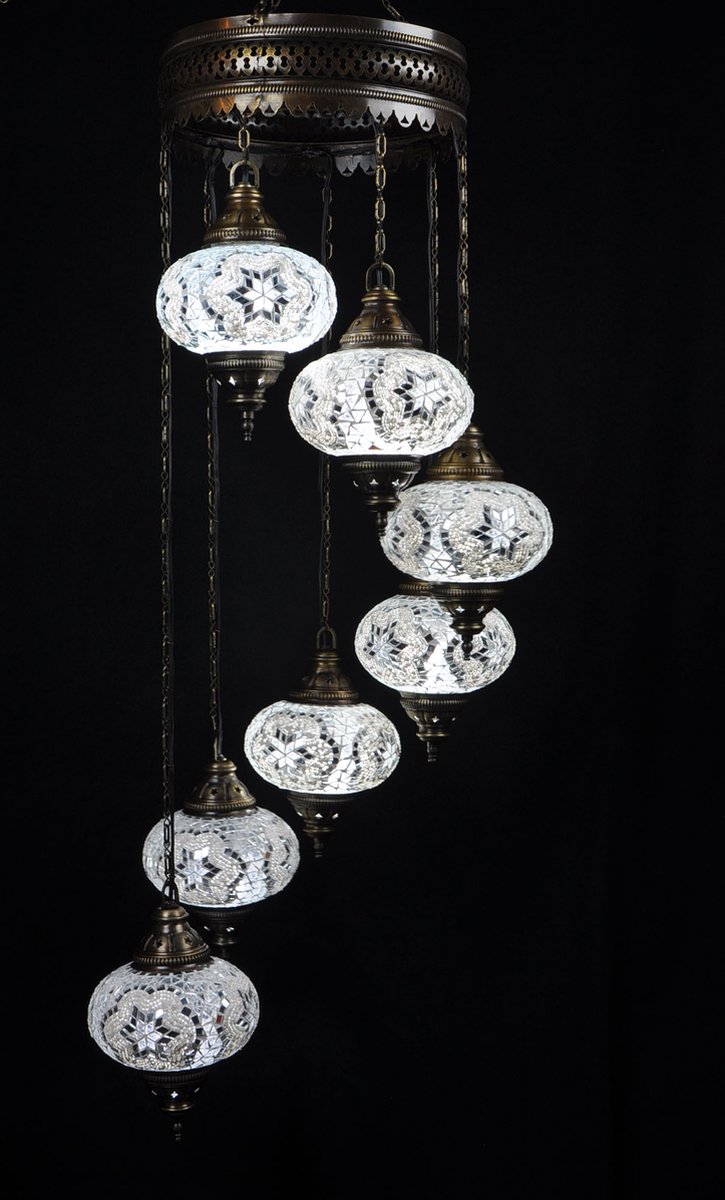 Turkse Lamp - Hanglamp - Mozaïek Lamp - Marokkaanse Lamp - Oosters Lamp - ZENIQUE - Authentiek - Handgemaakt - Kroonluchter - Wit - 7 bollen