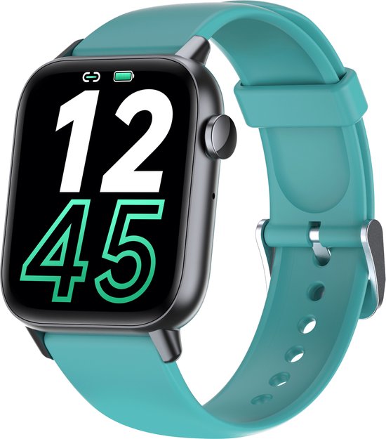 SAMTECH Smartwatch - Heren & Dames – horloge – met HD Touchscreen - Stappenteller, Calorie Teller, Slaap meter – Groen/Turquoise