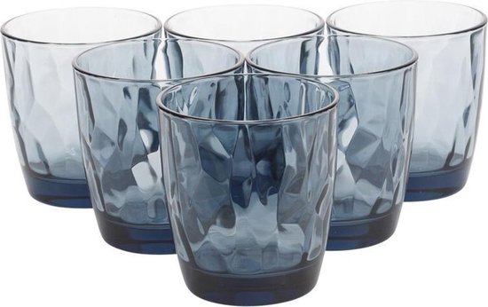 Ensemble de six verres à eau bleu foncé Bormioli Rocco Diamond au motif facetté.