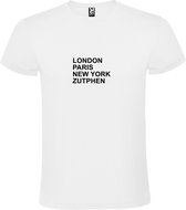 Wit T-shirt 'LONDON, PARIS, NEW YORK, ZUTPHEN' Zwart Maat L