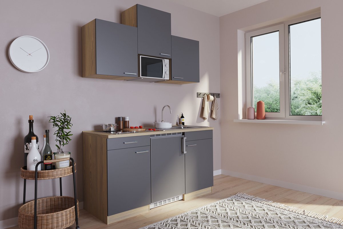 Goedkope keuken 150 cm - complete kleine keuken met apparatuur Luis - Eiken/Grijs - keramische kookplaat - koelkast - magnetron - mini keuken - compacte keuken - keukenblok met apparatuur