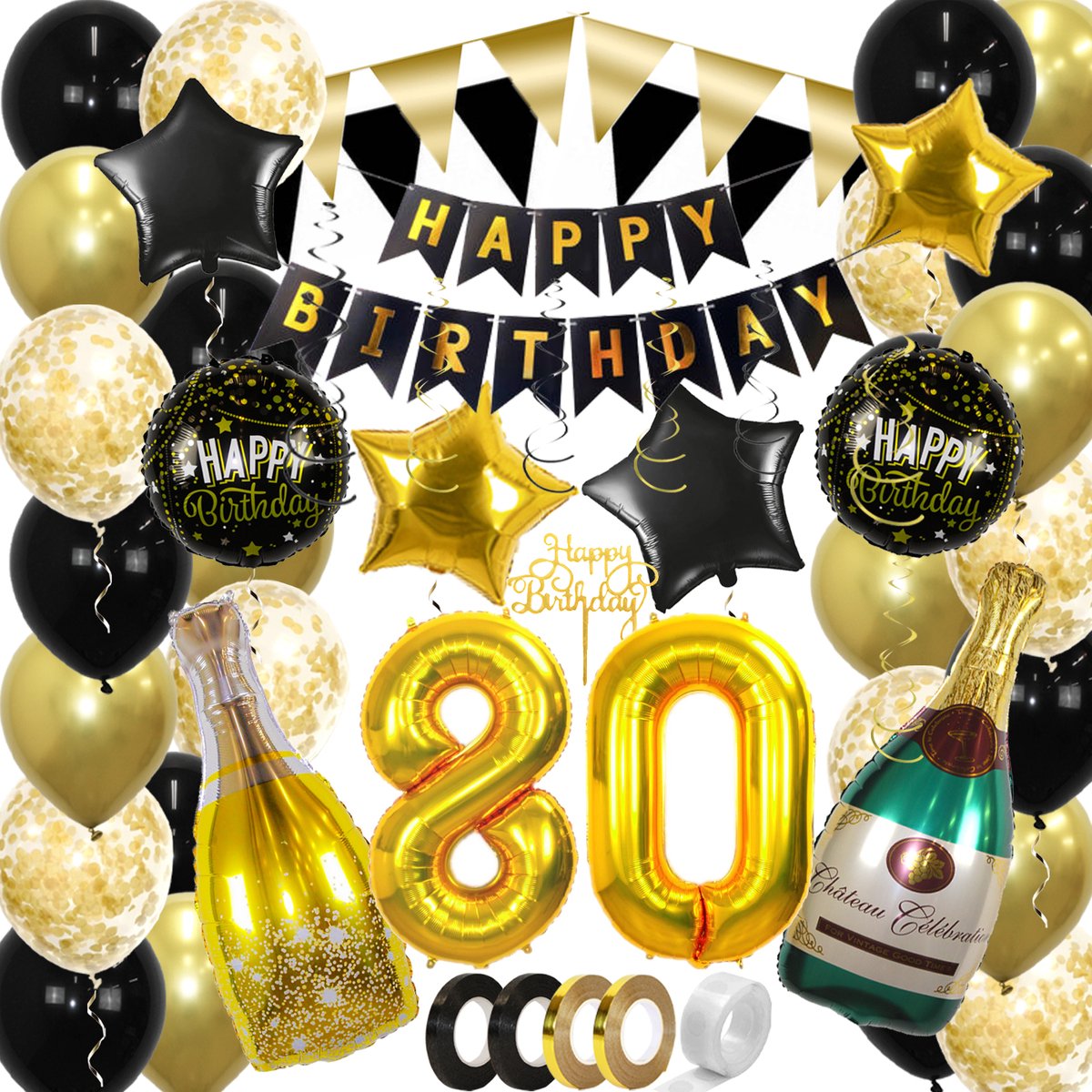 80 Jaar Feest Verjaardag Versiering Confetti Helium Ballonnen Slingers Happy Birthday Goud & Zwart Decoratie