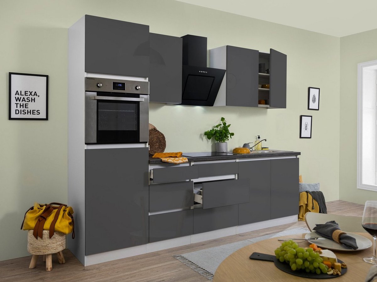 Goedkope keuken 270  cm - complete keuken met apparatuur Lorena  - Wit/Grijs - soft close - keramische kookplaat    - afzuigkap - oven    - spoelbak
