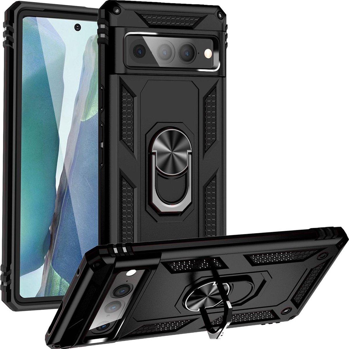 Mobigear Hoesje geschikt voor Google Pixel 7 Pro Telefoonhoesje Hardcase | Mobigear Armor Ring Backcover Shockproof met Ringhouder | Schokbestendig Pixel 7 Pro Telefoonhoesje | Anti Shock Proof - Zwart