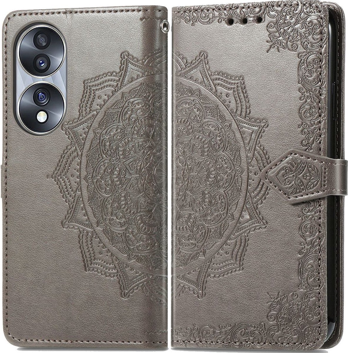 Mobigear Telefoonhoesje geschikt voor HONOR 70 Hoesje | Mobigear Mandala Bookcase Portemonnee | Pasjeshouder voor 3 Pasjes | Telefoonhoesje voor Pinpas / OV Kaart / Rijbewijs - Grijs