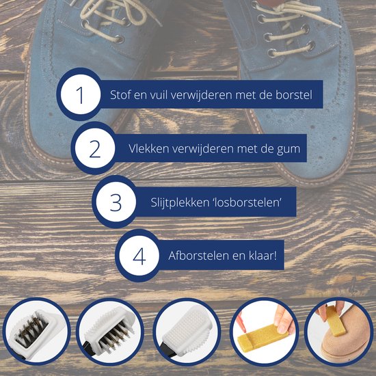 Stappenplan voor het reinigen van suède schoenen met borstel en gum.
