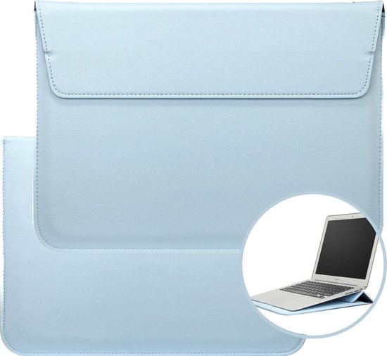 Lichtblauwe laptoptas met klep, met een laptop in een cirkel.