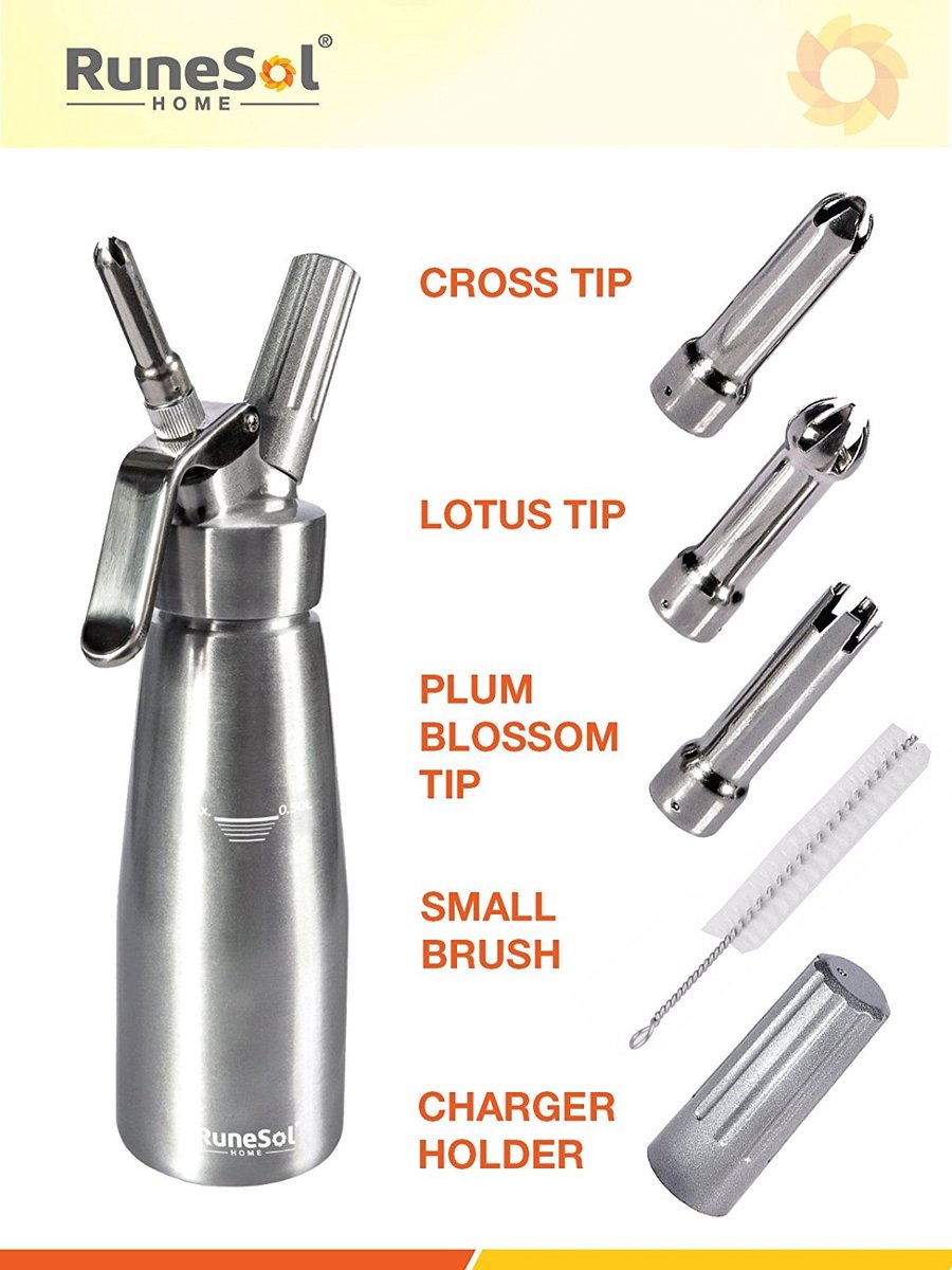 Runesol Premium Roestvrijstalen Slagroomdispenser, Slagroompistool/-Klopper Met 3 Roestvrijstalen Mondstukken, Verse Roomdispenser Voor Het Maken Van Slagroom Voor Alle Soorten Dessertdecoratie