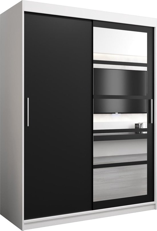 InspireMe - Kledingkast met 2 schuifdeuren, Modern-stijl, Een kledingkast met planken en een spiegel (BxHxD): 150x200x62 - VENEZIA I 150 Wit Mat + Zwart