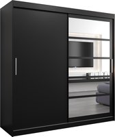 InspireMe - Kledingkast met 2 schuifdeuren, Modern-stijl, Een kledingkast met planken en een spiegel (BxHxD): 200x200x62 - VENEZIA I 200 Zwart Mat met 4 lades