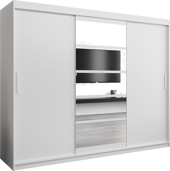 InspireMe - Kledingkast met 3 schuifdeuren, Modern-stijl, Een kledingkast met planken en een spiegel (BxHxD): 250x200x62 - VENEZIA I 250 Wit Mat