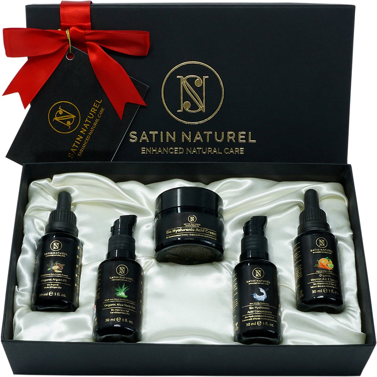 Satin Naturel Geschenkset voor Vrouwen Skincare set met hyaluronzuur serum + arganolie + aloë vera gel + vitamine C serum + hydraterende gezichtscrème Anti Aging Verwenpakket voor haar Geschenkset van 5x30ml