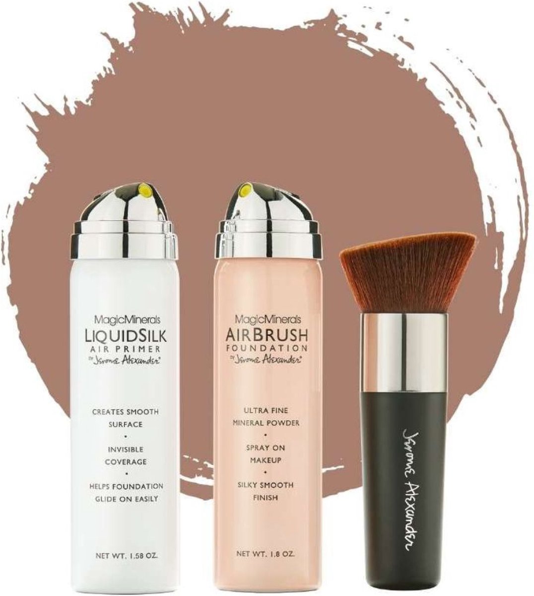 Magic Minerals AirBrush Foundation 3-delige set by Jerome Alexander – Medium/Dark – Foundation en LiquidSilk Airbrush Primer kit – Met gratis Kabuki kwast - Make-up met een natuurlijke dekking