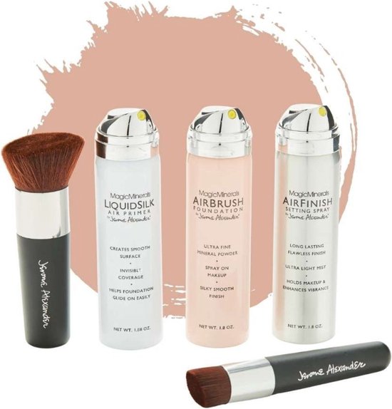 Foto: Magic minerals airbrush foundation 5 delige set by jerome alexander light incl 2 kabuki kwasten airbrush primer en airfinish settingspray make up met een natuurlijke dekking