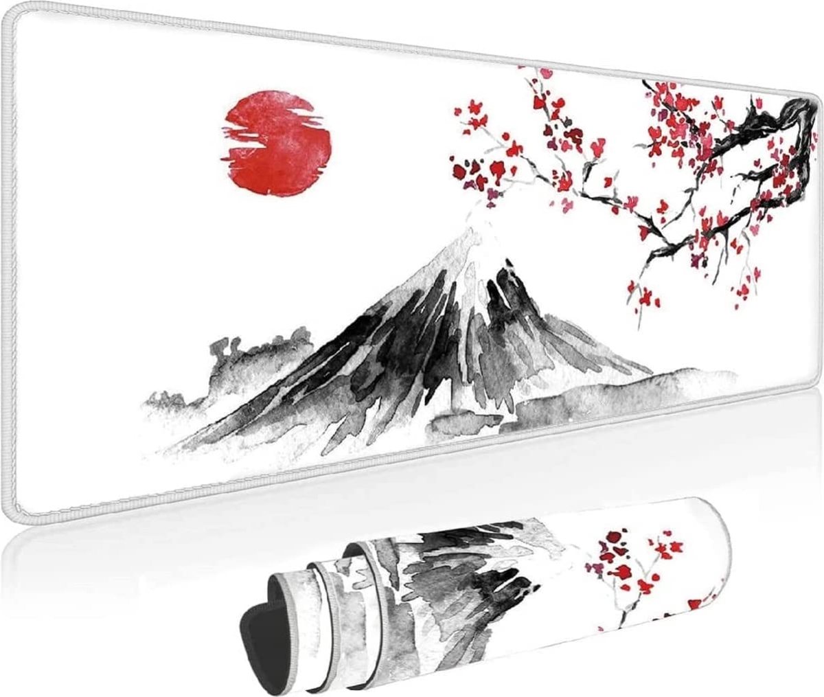 Gaming muismat wit XXL 800 x 300 mm Japan inktschilderij Berg Sakura Sun Berg Fuji muismat groot genaaide randen waterdicht antislip voor pc, MacBook, laptop